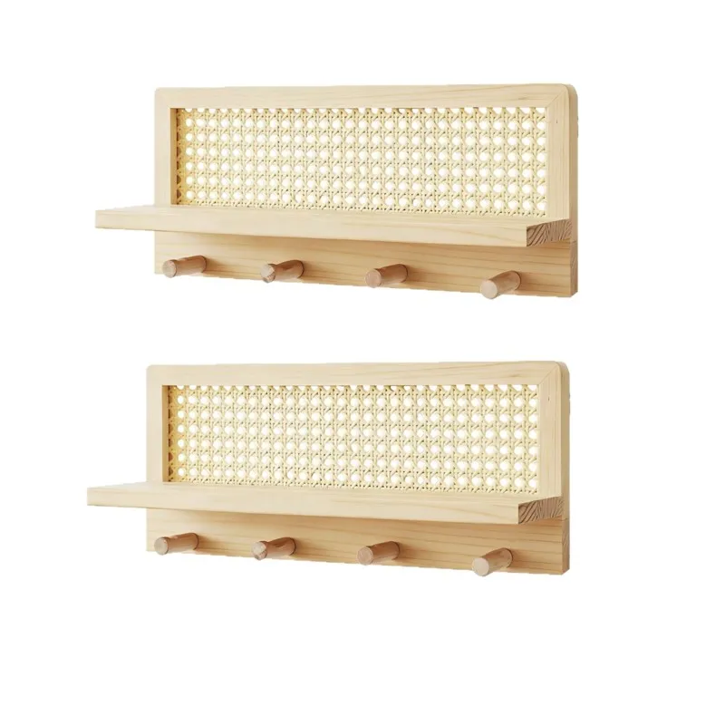 AT05-Woven Key Hook And Magazine Holder- Wall-Mounted Pine Wood Storage Rack(2Pc) In Modern Minimalist Design