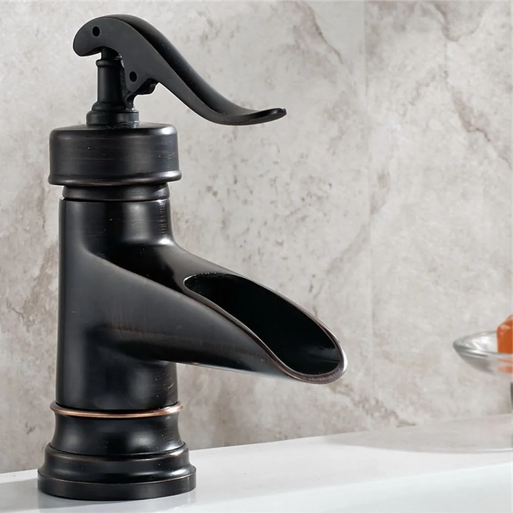 

Oil Rubbed Bronze Deck Mount Waterfall Bathroom Faucet Vanity Vessel Sinks Mixer Tap Cold And Hot Water Tap Bnf432