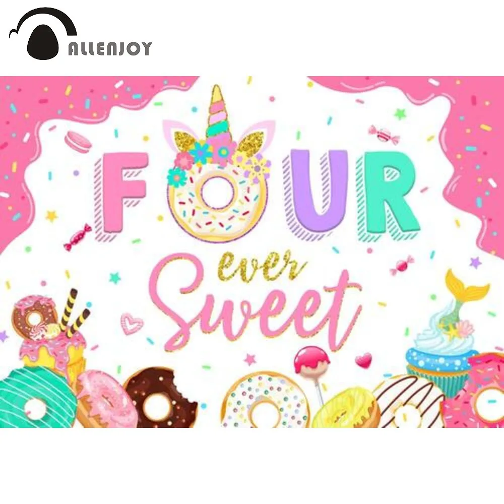 

Allenjoy Four Ever Sweet 4th Birthday Party Background Unicorn Donut Dessert Theme Pink Girl Grow Up Banner Photobooth Backdrop