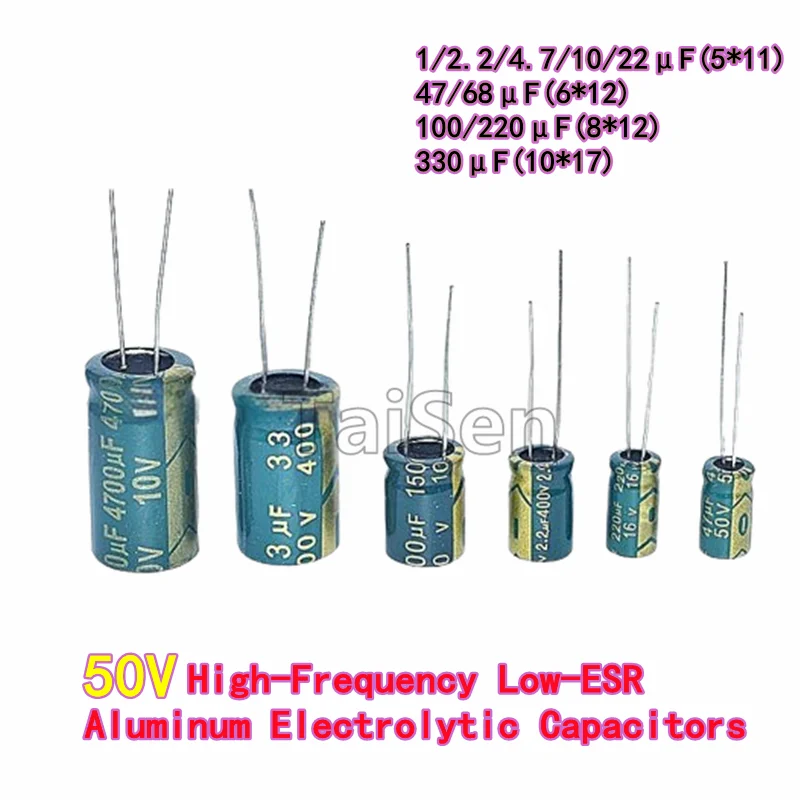 50PCS 50V High-Frequency Low-ESR Through-Hole Aluminum Electrolytic Capacitors 10μF 22/33/47/100/220μF 330μF 50v 470uf