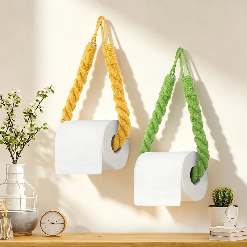 3pcs Hanging Tissue Holder Hand Woven Cotton Rope Wall Decor Punch‑free Paper Towel Tube for Bedroom Home Ornament
