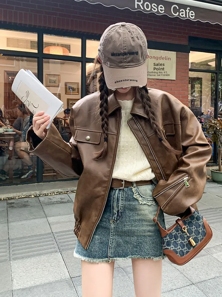 Jaet in pelle PU marrone caffè allentato casual da donna 2025 Primavera Autunno Nuovo Hong Kong Sle Retro High-End Sense Moto Ja...