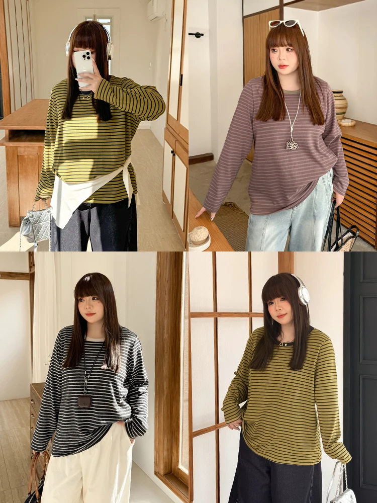 

Женская футболка свободного кроя больших размеров, весенняя, хлопковая, в полоску, с длинными рукавами, с цветными блоками, с круглым вырезом, с узором снежинок