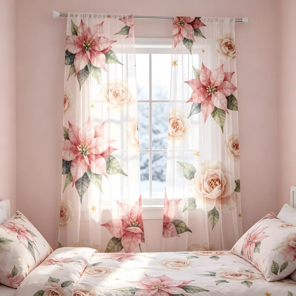 Curtain Rods - 2 stuks transparante gordijnen, roze poinsettia-