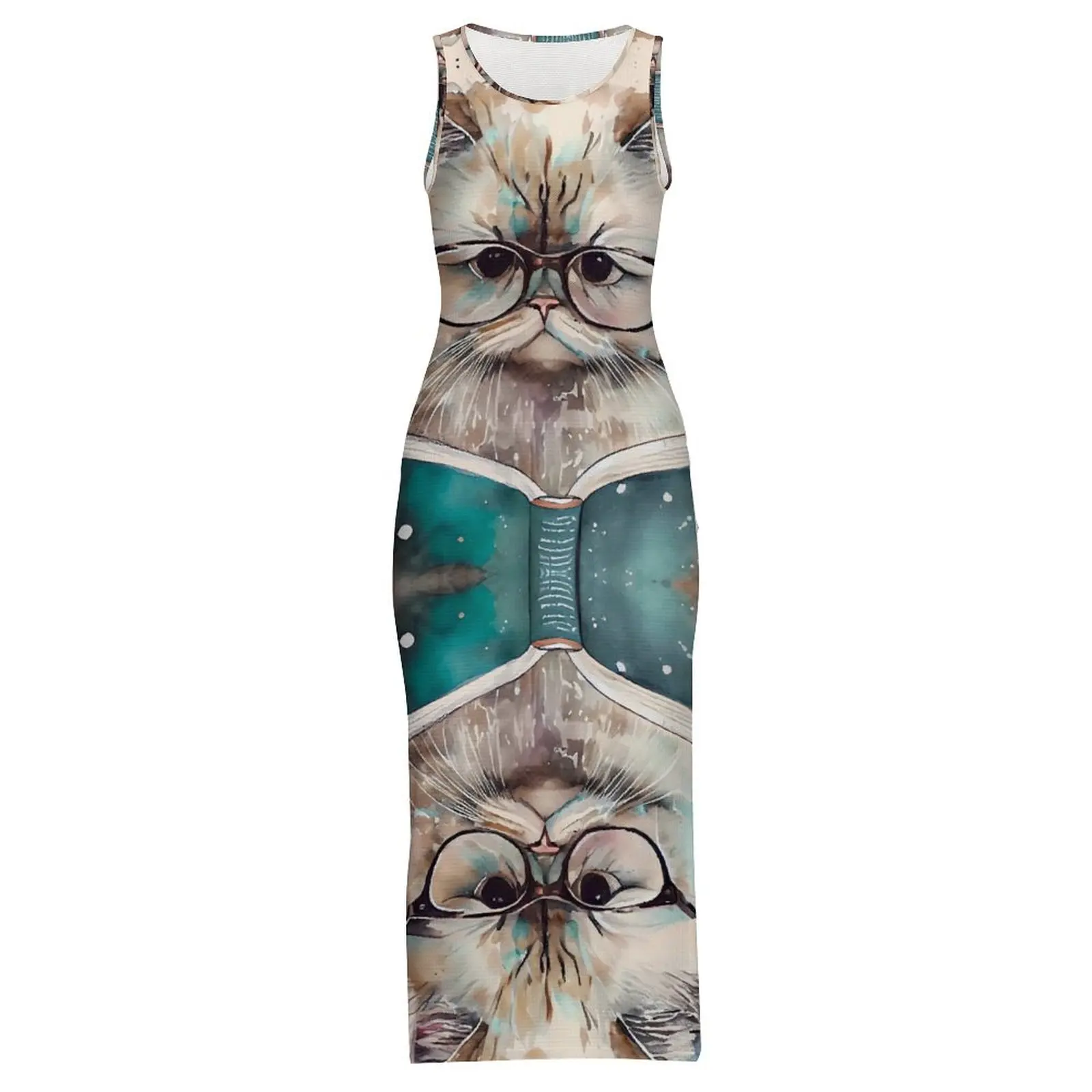 女性用ボディコンワンピース クラブ セクシー ライブラリ キャッツ マキシ丈ワンピース 夏 リーディング ノースリーブ 韓国ファッション プリントワンピース 2XL 3XL 4XL