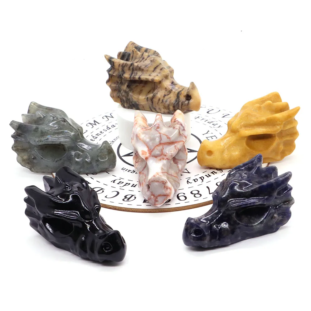 

2.8" Hand Carved Natural Healing Crystal Carving Obsidian Aventurine Quartz Dragon Head Skull Figurine Crafts Gift Home Decor