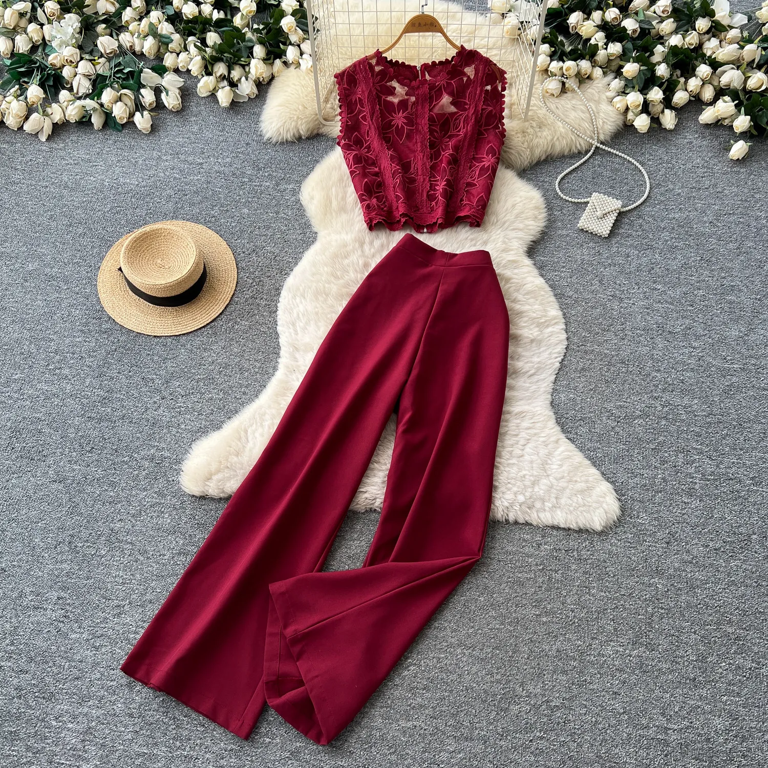 Light Mature Style High-end Sense Women Pants Set Lace Tank Top High Waist Wide Leg Pants Women 2026 Summer Commute Slimming Set
