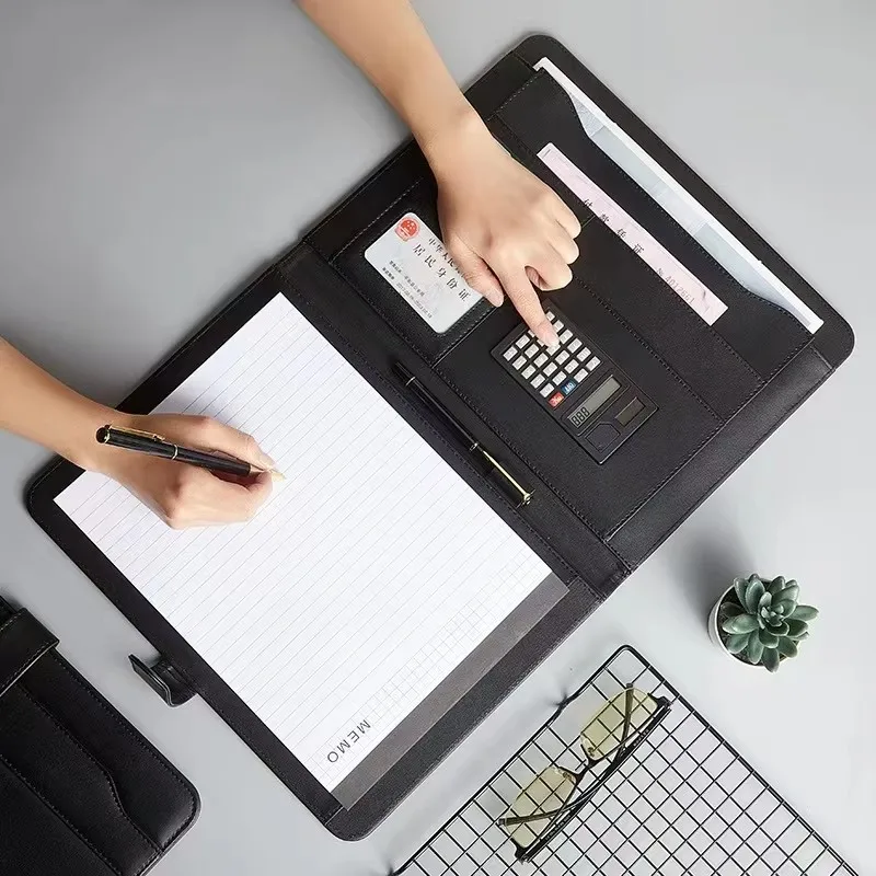 2025 multifuncional a4 pasta de arquivo de conferência negócios papelaria informações saco de couro contrato zíper clipe de armazenamento de documentos