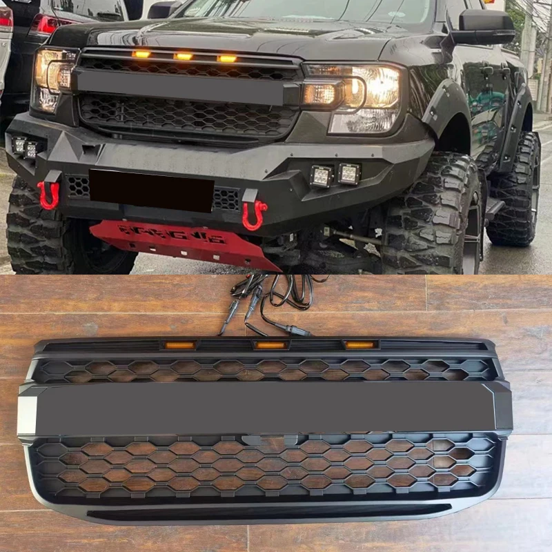 Modified Grille Front Bumper Mask For Ford Ranger T9 2022 2023 Standard Version XL XL+ XLS LED Racing Grill ABS Black