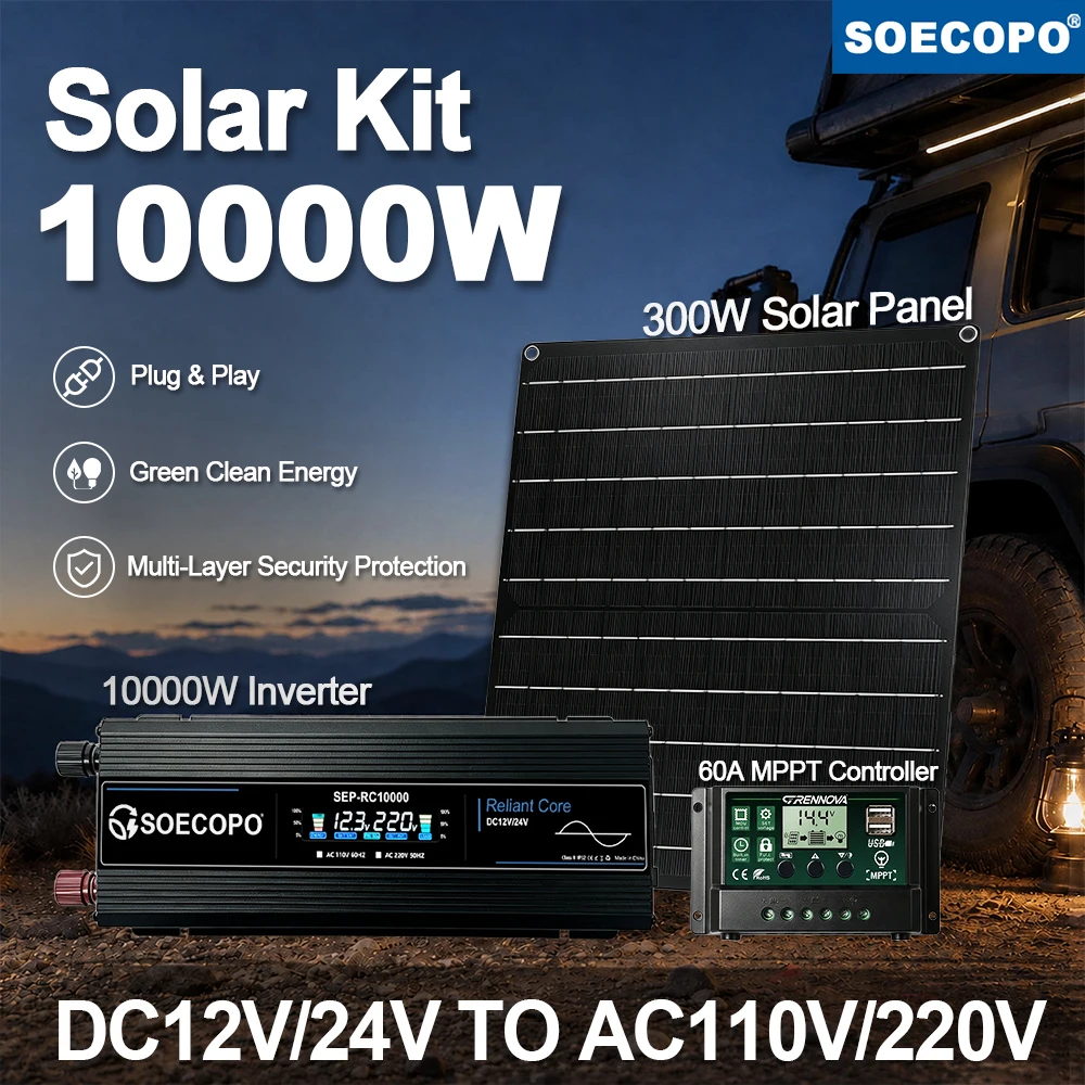 10000W Automotive Solar Power Kit 300W Panel 60A MPPT Controller 12V 24V to 110V 220V Inverter for Camper Van Travel Electronics