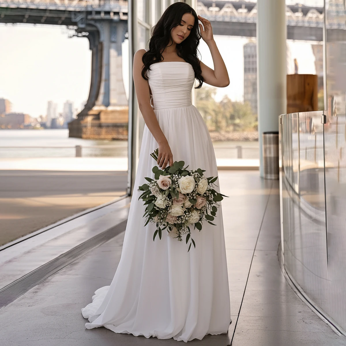 

Simple Chiffon Flowy Wedding Dresses For Bride Long Pleated Ball Gown Spaghetti Strap Backless Bridal Party Gown Vestidos Novia