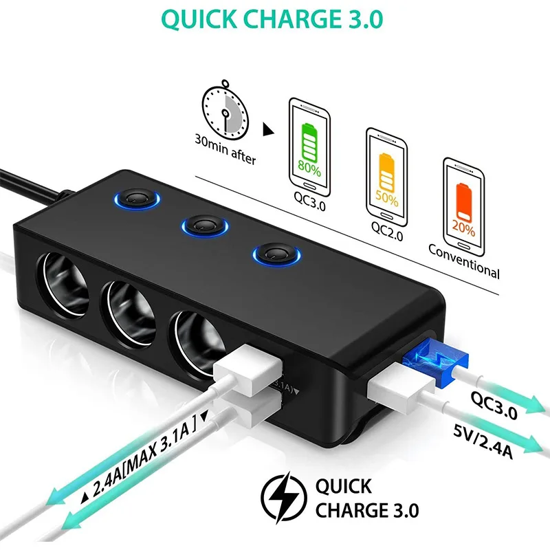 

Dual Usb Car Charger QC3.0 120W Cigarette Lighter To Usb Lighter Slot Adapters Sockets 3 in 1 LED Digital Display For iPhone