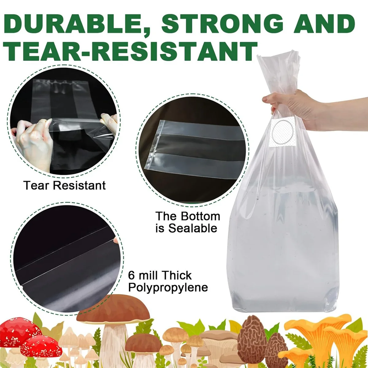 Polipropileno Cogumelo Spawn Bag, Cogumelo crescer sacos, Respirável para substrato forte lágrima, 8x5x0 Polegada, 25 Pack