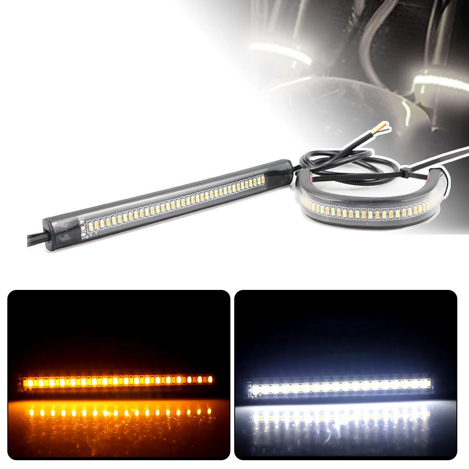 

2pcs Motorcycle LED Fork Turn Signal Light Strip DRL with White & Amber Blinkers 12V Flowing Tail Brake Turn Signals Lights