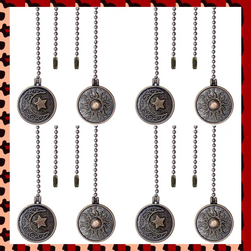 

A72P 8Pcs Ceiling Fan Pull Chain Set Sun & Moon Pattern Pull Chains Extension Copper Beaded Ball Fan Pull Chain With Ornament