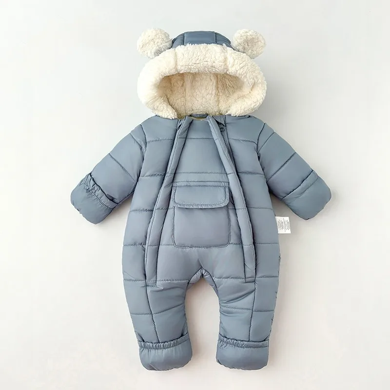 -30℃ Winter New Baby Boys Girls Rompers Solid Color Berber Fleece Lining Thick Warm Hooded Bodysuit For Kids One Piece Overalls