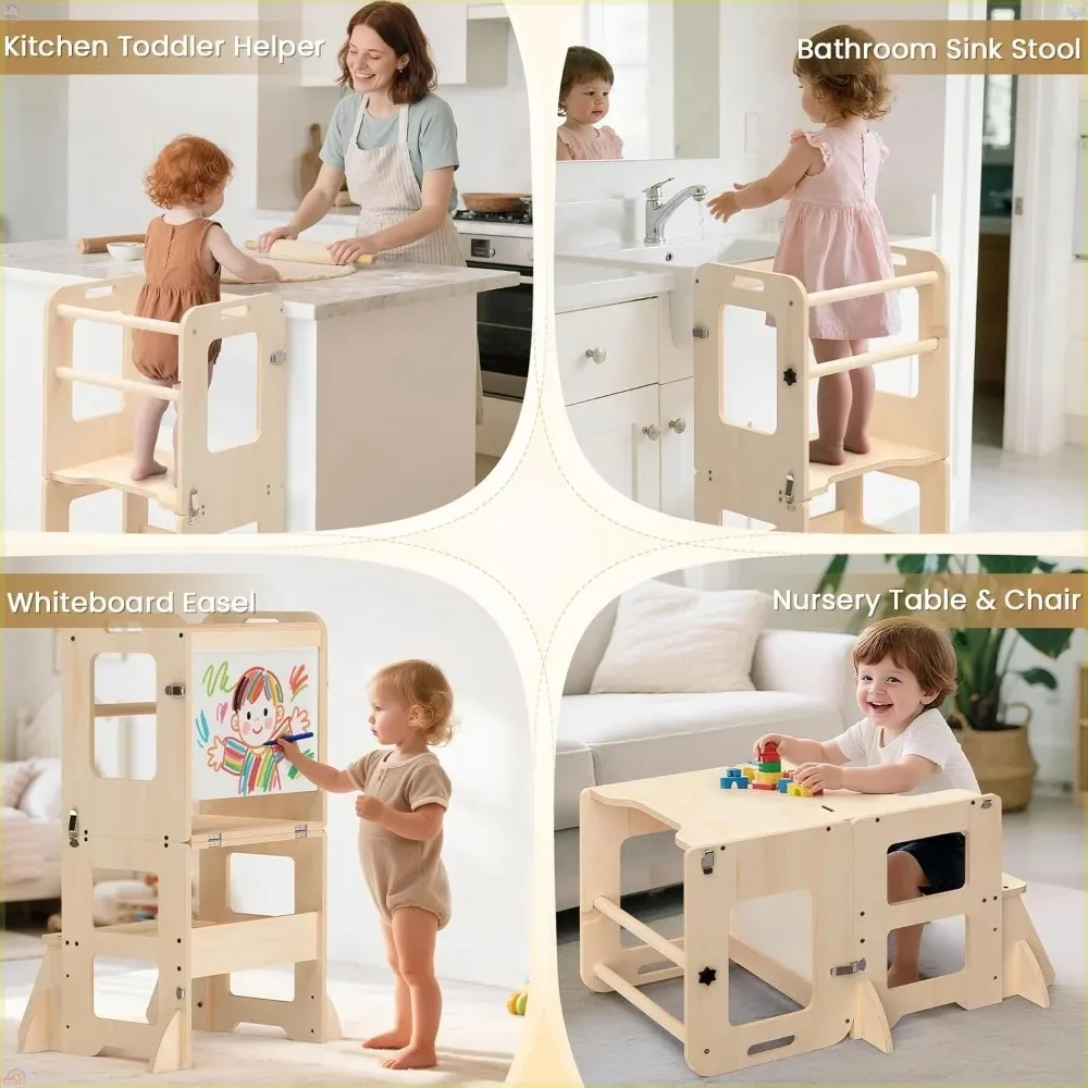 

This 4-in-1 children's kitchen study stool is a foldable, standing study tower with a whiteboard, for children aged 1-3 years.