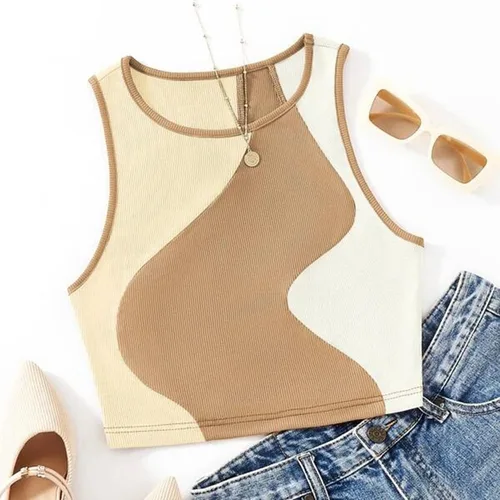 Imagen 2 del producto Top corto de colores empalmados para mujer, Top corto de punto acanalado con cuello redondo, camiseta sin mangas Sexy, Top sin espalda, camisetas sin mangas con ombligo descubierto, playa de verano