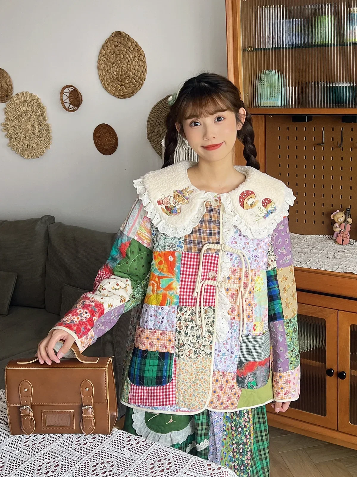 Vintage Winter Fleece Quilted Cotton Liner Patchwork Coat for Women Victorian Kawaii Cute Mori Girl Retro Chic Lace Lolita Coat