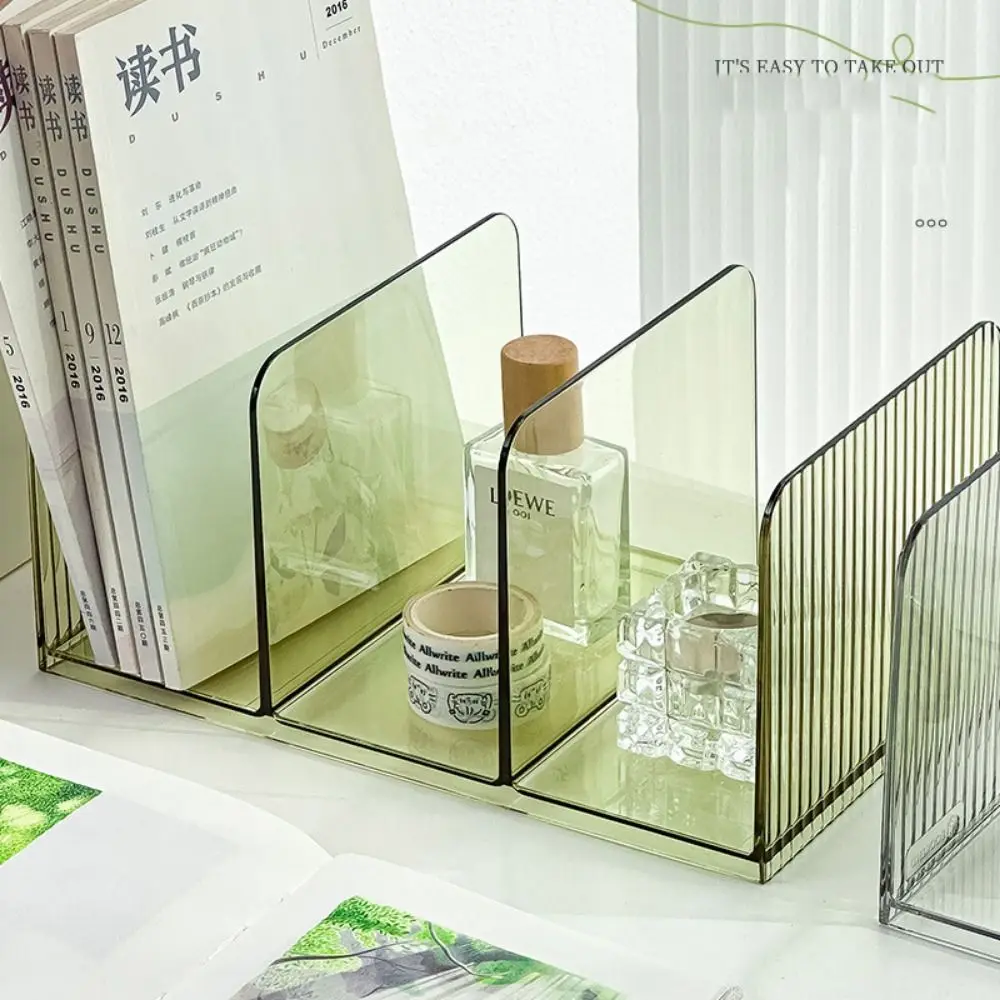 Three-Compartment Transparent Bookends Non-Slip Stackable Documents Stand Reusable Space Saving Book Storage Rack Stationery