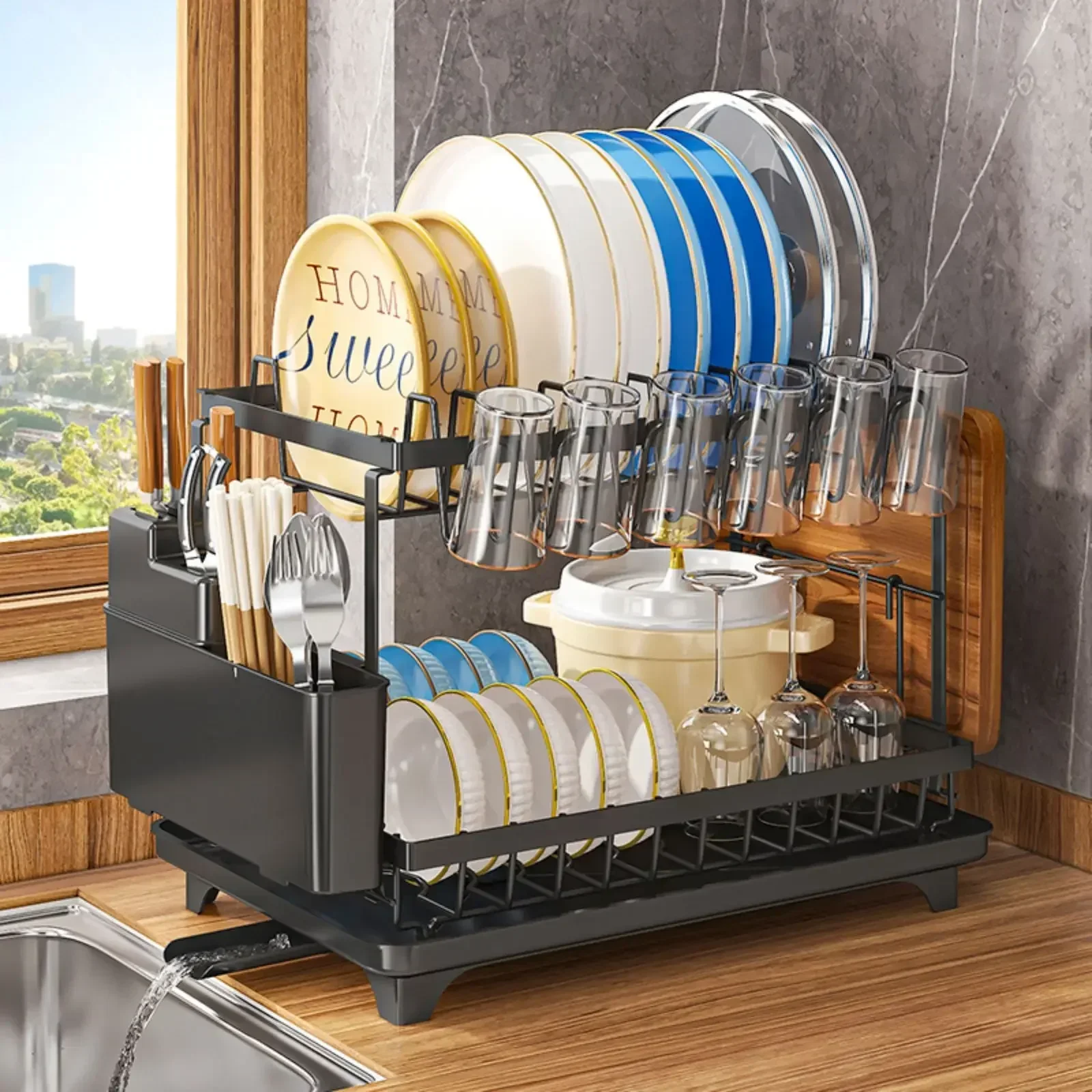Kitchen Bowl Rack Buckle Dish Storage Rack Drain Basket Dish Cupboard Multifunctional Double Layer Dish Storage Rack
