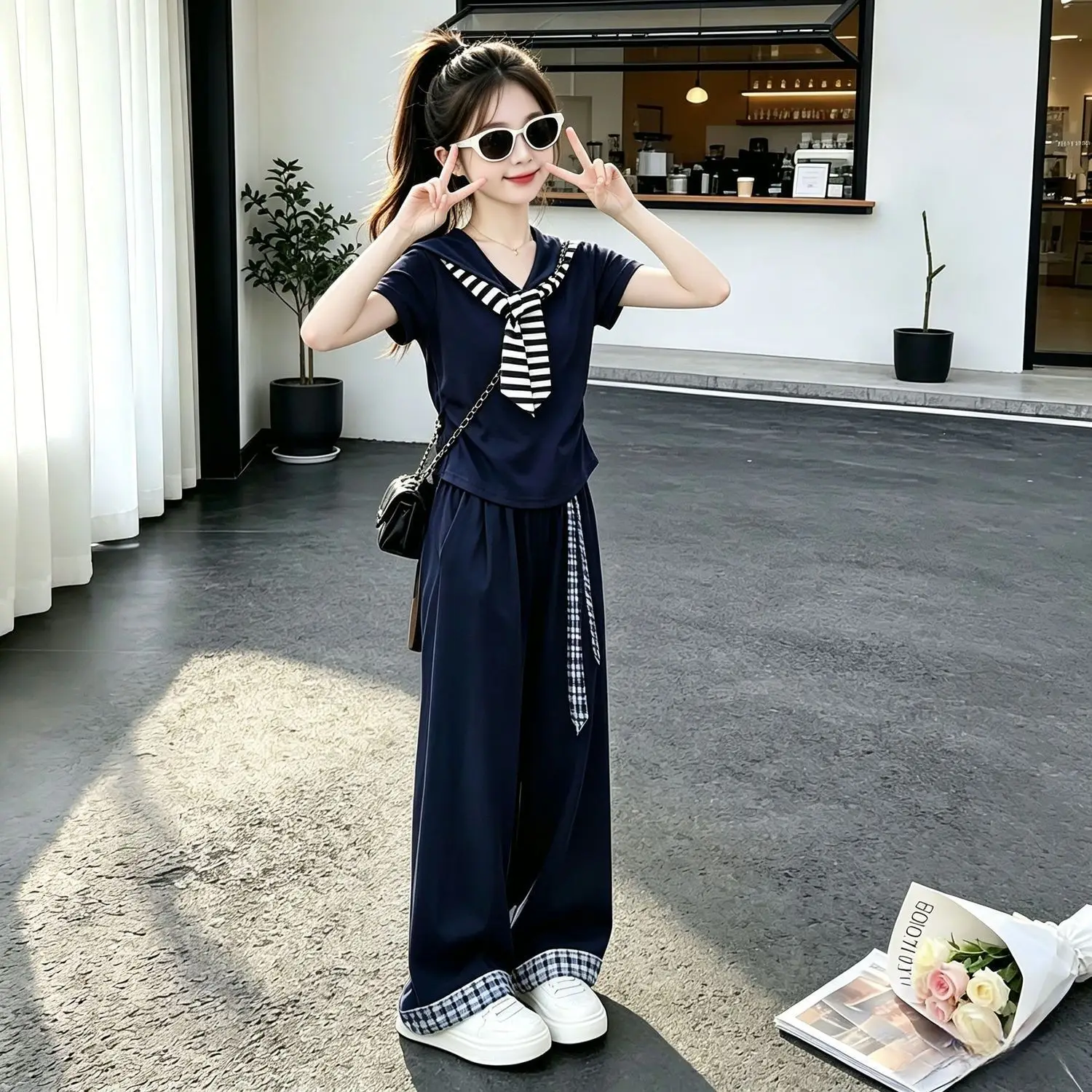 Girls Preppy Style 2-Piece Set Summer 2026 New Sailor Collar Short Sleeve Top + Wide-leg Pants Fashion Kids Clothing Suit  -123