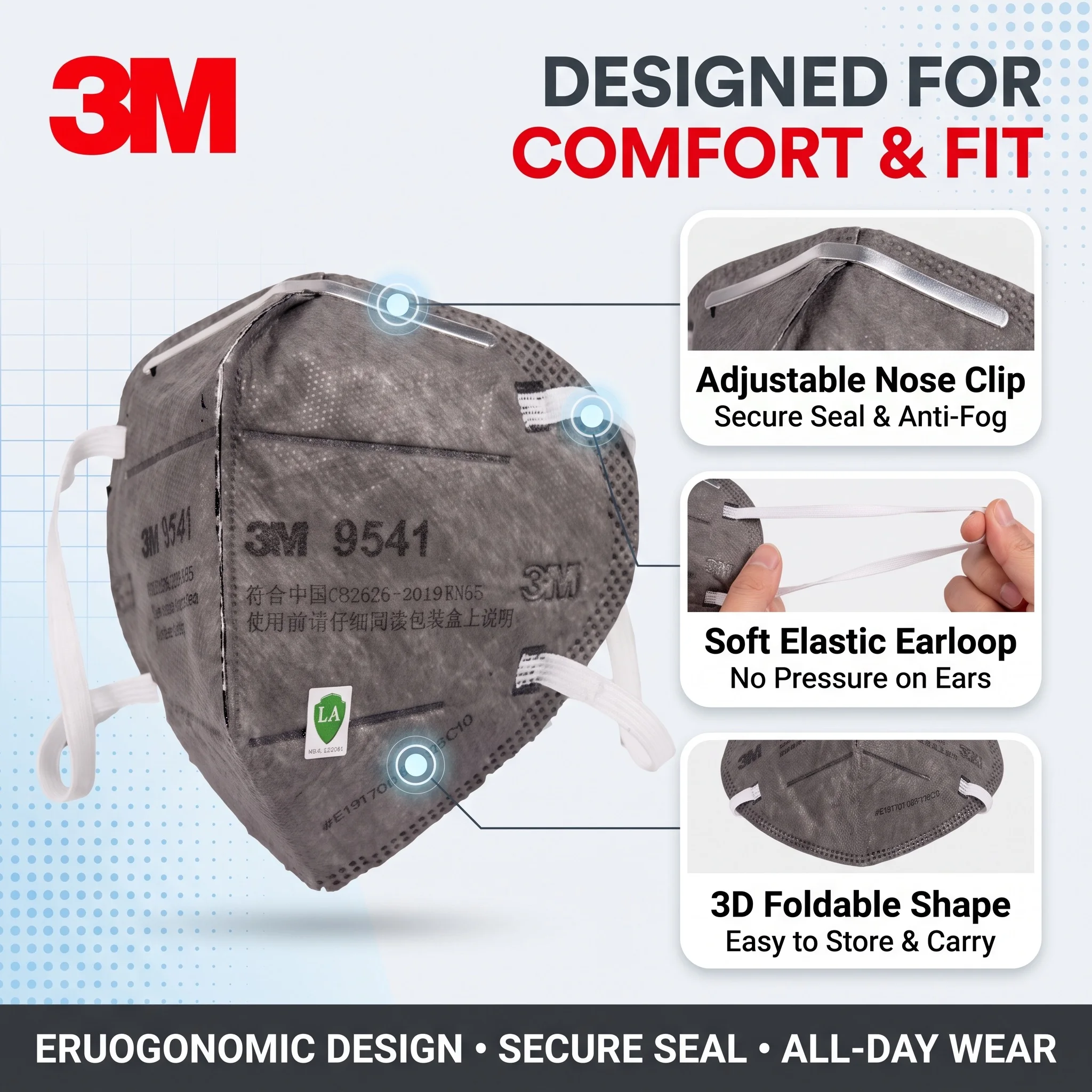 3M 9541 KN95 Dust Mask Respirator with Filter Activated Carbon Black Earloop Disposable Work Safety Masks Anti Dust
