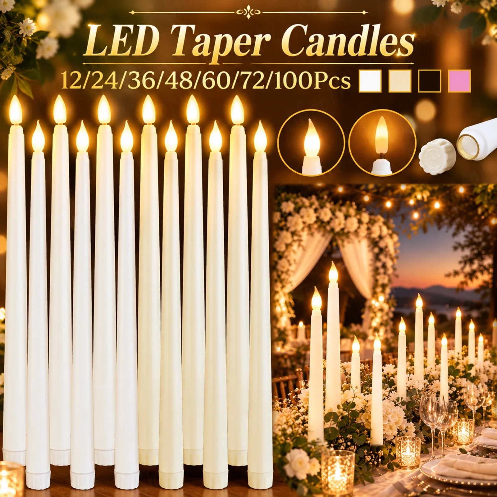 12-100Pcs LED Taper Candles Flameless Candles Flickering Fake Candles Battery Operated for Wedding Christmas Banquet Decor