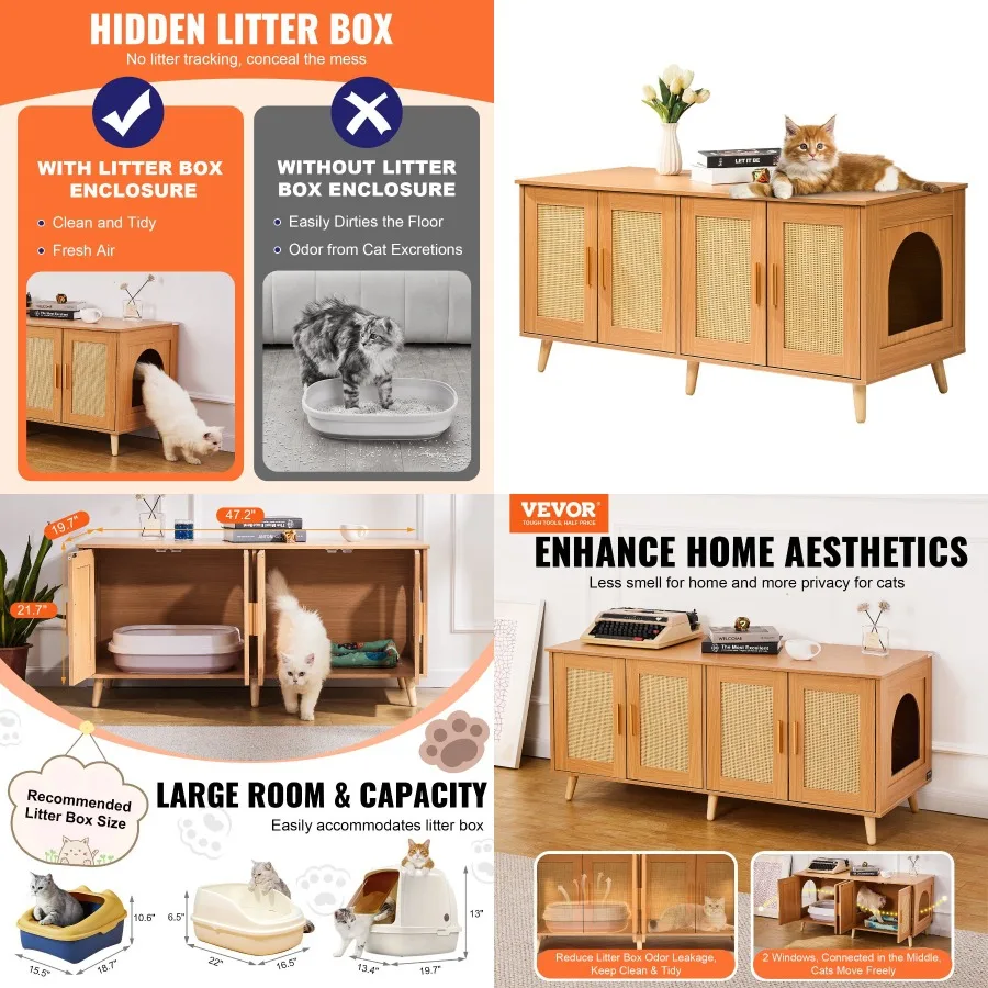 

Cat Litter Box Enclosure Wooden Litter Box Furniture Hidden for 2 Cats