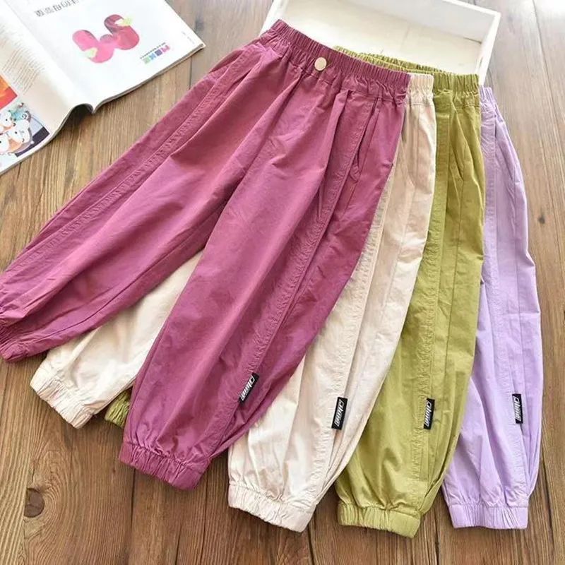 

Girls Summer Thin Girls Solid Color Side Label Loose Casual Cargo Pants Childrens Baby Leggings Pants Girl Trousers Kids