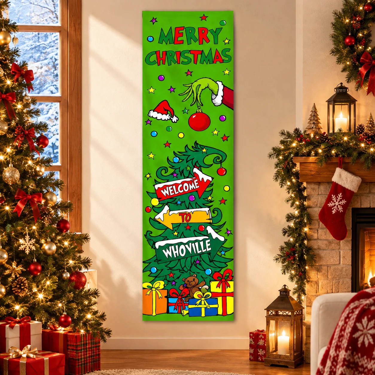 Merry Christmas Vertical Door Banner Green Xmas Tree Gift Box Wall Hanging Porch Welcome Sign Holiday Home Decor