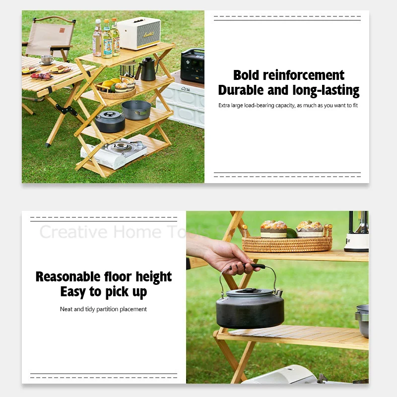 Outdoor Foldable Multi-Layer Camping Rack, portátil, sem instalação, armazenamento de bambu, prateleira multifuncional, mesa dobrável