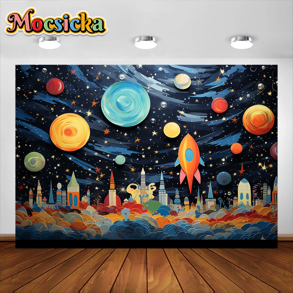 Фотофон Mocsicka Космос Вселенная Галактика Звезды ракета дети день рождения торт разбивать Декор фон фотостудия