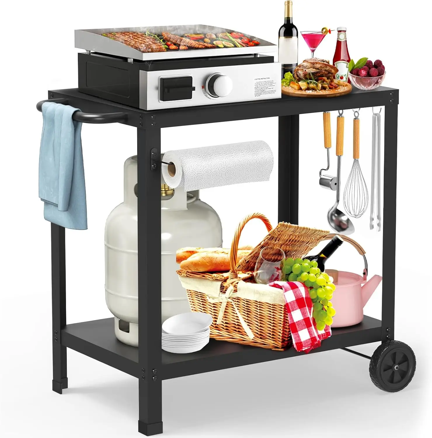 

32x20IN Double-Shelf Grill Table for Blackstone Griddle, Outdoor Pizza Oven Cart with Wheels, Portable Kitchen Prep Station
