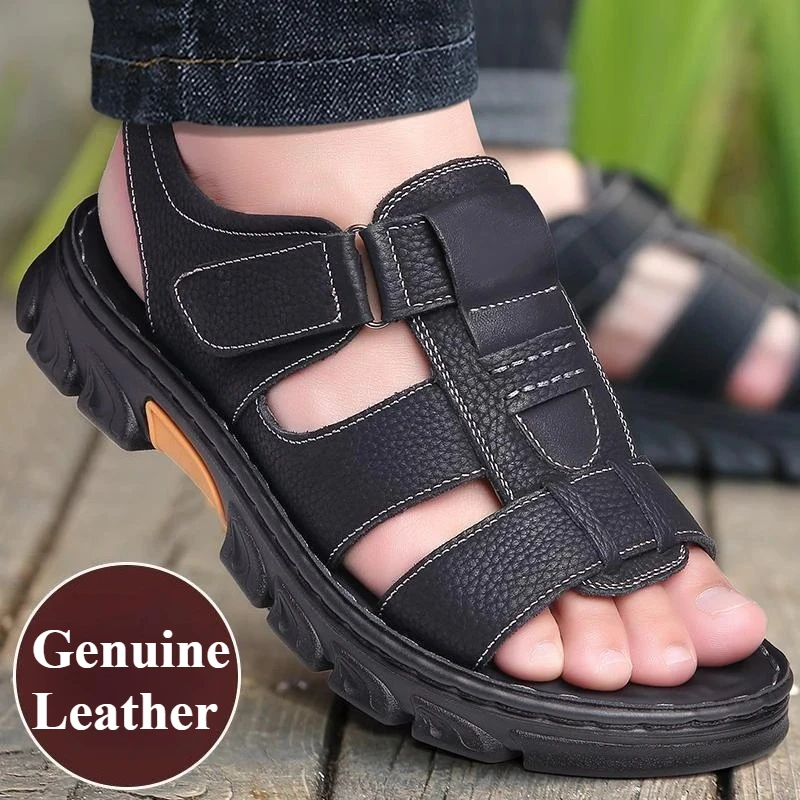 

Luxury Men's Sandals High-Quality Cowhide Sandals Men Outdoor Non-Slip Thick Soled Beach Shoes Comfortable Soft Men Slippers New