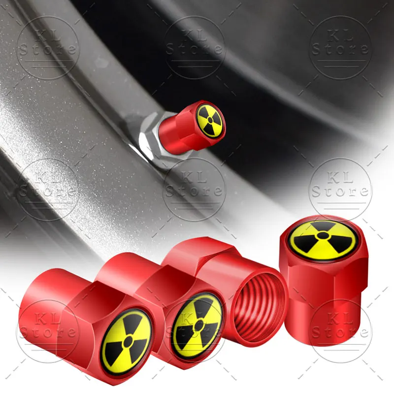 4Pcs Radioactive Warning Atomic Nuclear Radiation Emblem Aluminum Alloy Car Wheel Tire Valve Caps Dust Cover Accessories