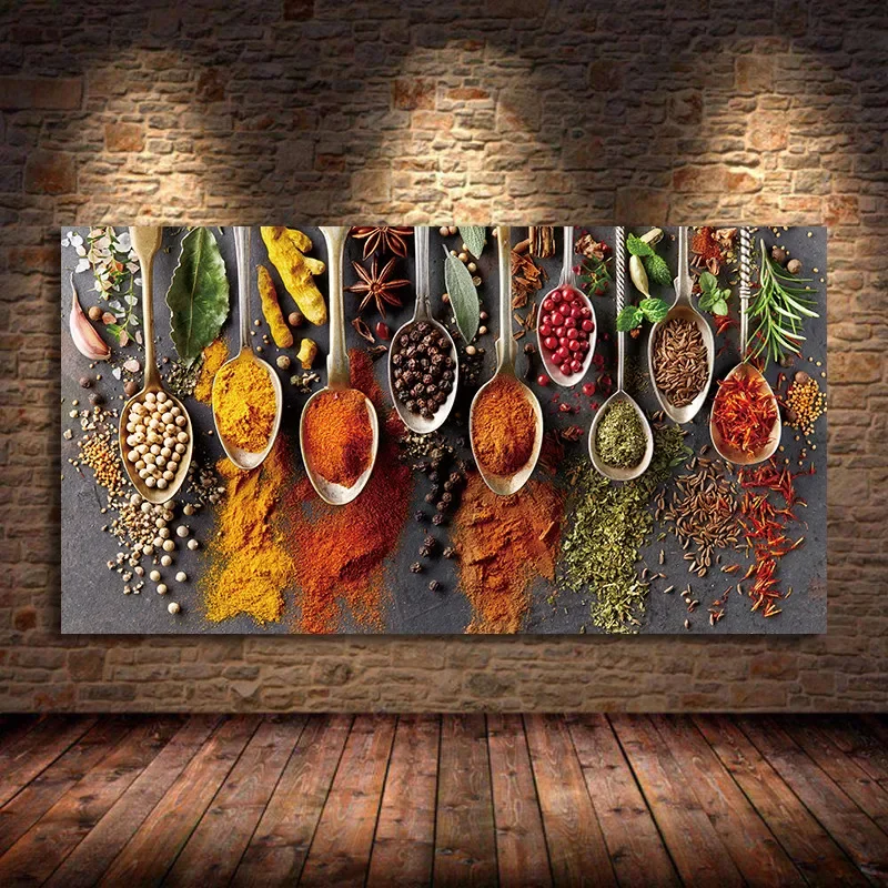 Grains Spices Spoon Peppers Kitchen Canvas Painting Scandinavian Posters and Prints Wall Art Food Pictures Living Room Cuadros