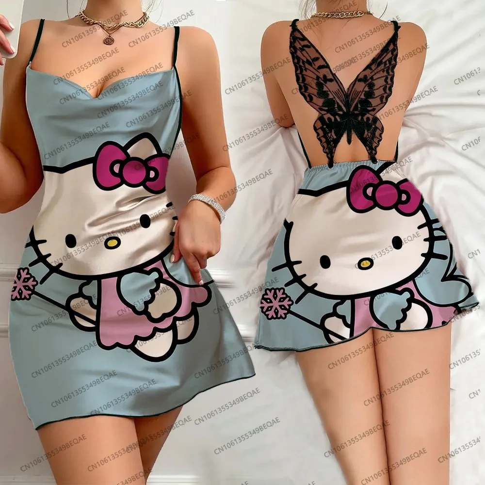 

Trendy Women's Lace Suspender Dress Hello Kitty Print Backless Ruffle Edge Summer Nightdress Comfortable Sleeveless Sleepwear