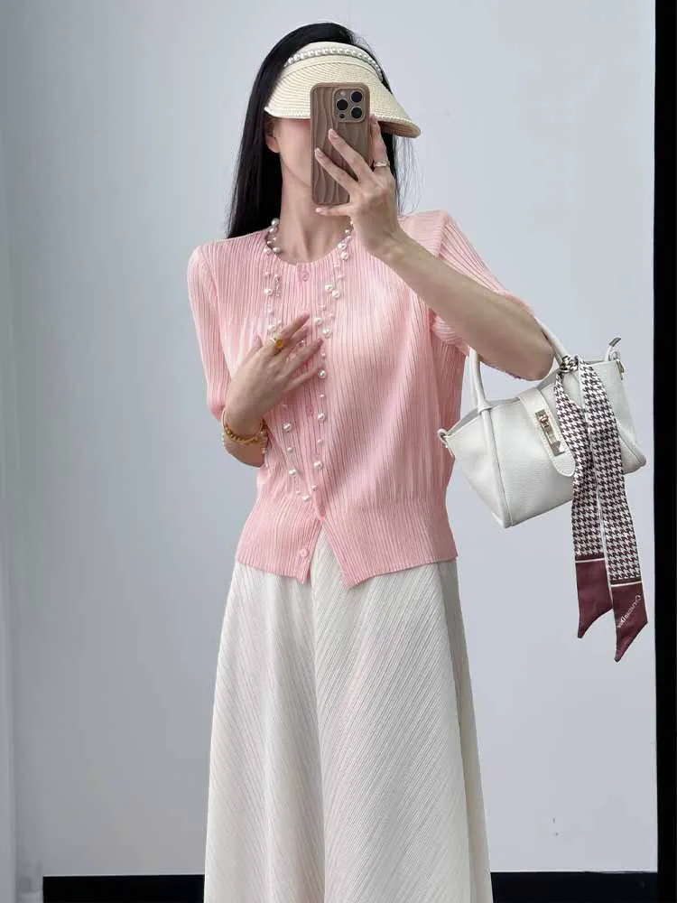 Miyake 2025 여름 신상 주름 단색 반팔 블라우스 고급 패션 캐주얼 다재다능한 단순한 기질