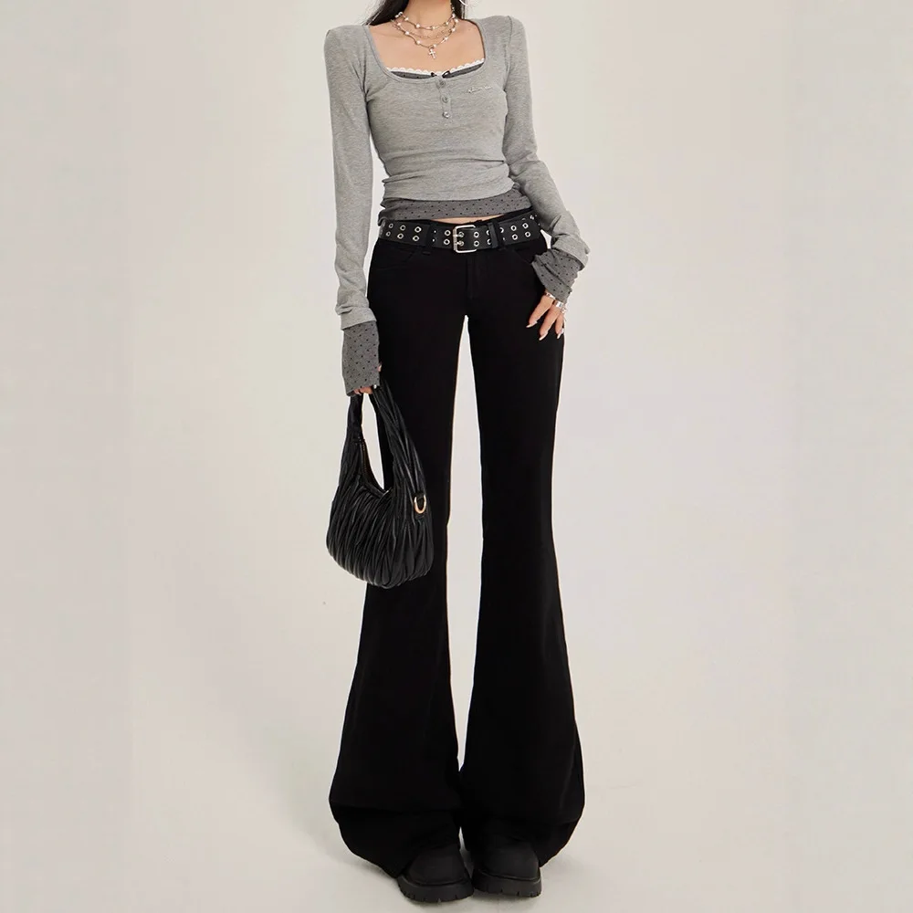 

Low Waist American Style Bell Bottom Jeans Women's Stretchy Slimming Black Denim Pants Casual Loose Fit Long Trousers