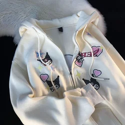 Japanese Preppy Style Sanrio Spring Autumn New Cartoon Kuromi Love Hooded Sweatshirt Women Oversize Loose Zipper Cardigan Coats