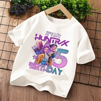 K-Pop Demon Hunters Birthday T-Shirt for Kids 5 K Pop Demon Hunters Kids T-shirt Kawaii Cartoon Birthday Number1-9 Printed Tops Girls Tee Summer Short Sleeve Children Clothing 5