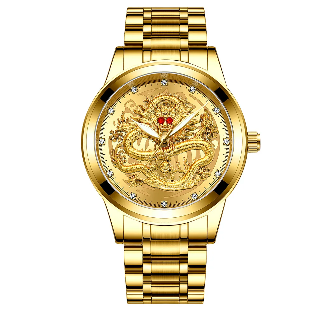 FNGEEN coppia Luxury Full Gold Clock Big Dial Dragon Phoenix impermeabile uomo donna calendario luminoso data orologi al quarzo rotondi