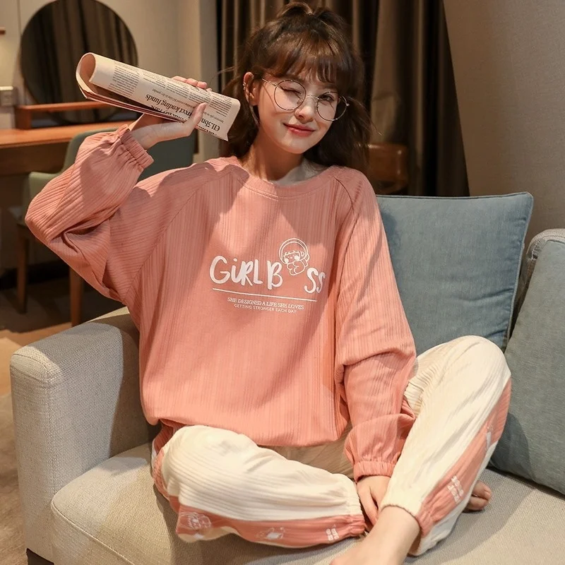 pajamas women autumn and winter long sleeve cotton simple leisure sweet girl large size home clothes suit can be worn out