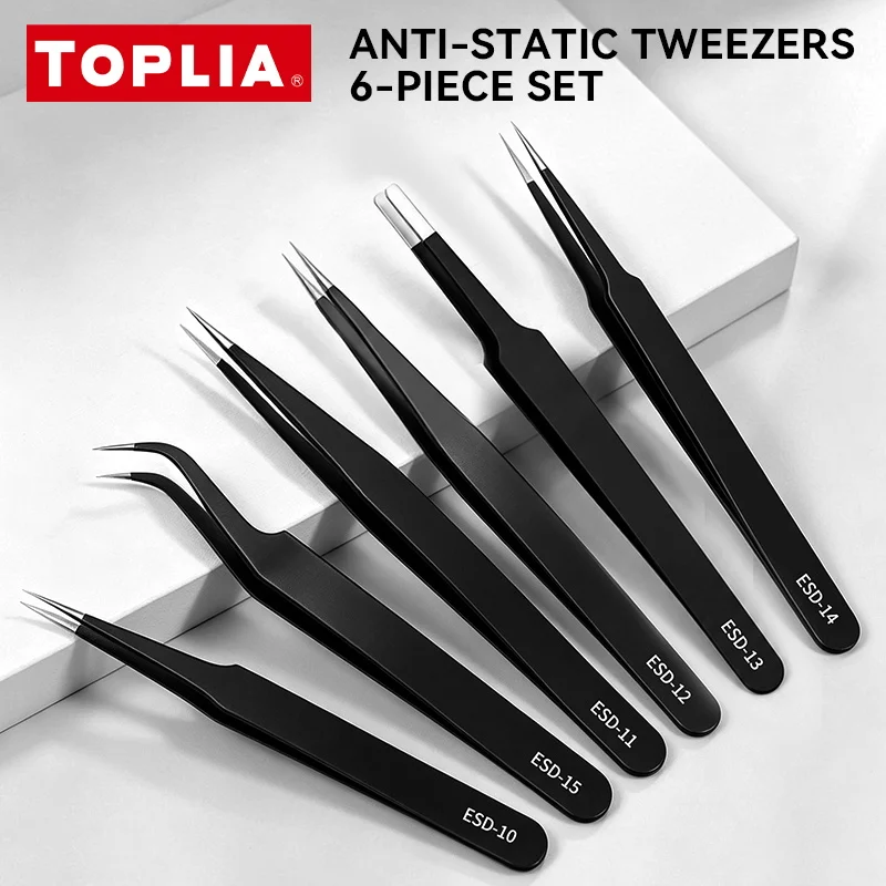 TOPLIA Hochwertiges 6-teiliges ESD-Präzisionspinzetten-Set, antistatischer Edelstahl, für Elektronik, Löten, Schmuckarbeiten