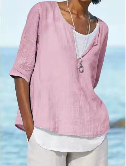 New Summer Autumn Women's Linen Cotton T-shirts Solid Color V Neck Top Casual Loose Long Sleeve Lightweight Pullovers 2