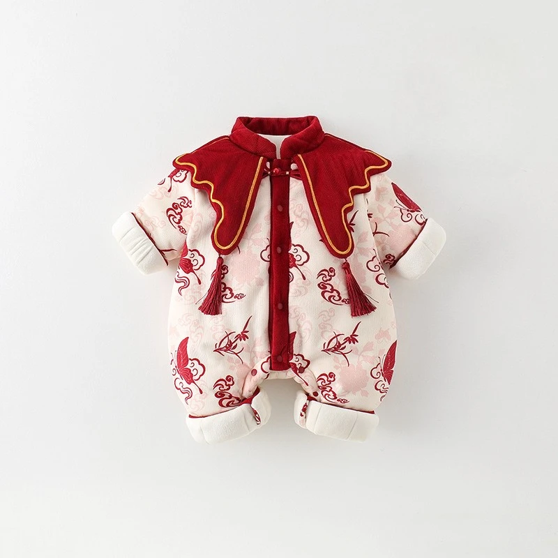ZOETOPKID Baby Onesie Winter Festive Cotton Clothes One-year-old Baby Dress Thickened Red Clothes Warm Rompers