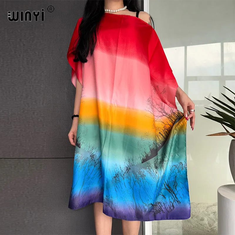 WINYI Summer Bohemian Printed Bikini Cover-ups Elegant beach sexy lady Knee kaftan dress comfortable silk kaftan short dress