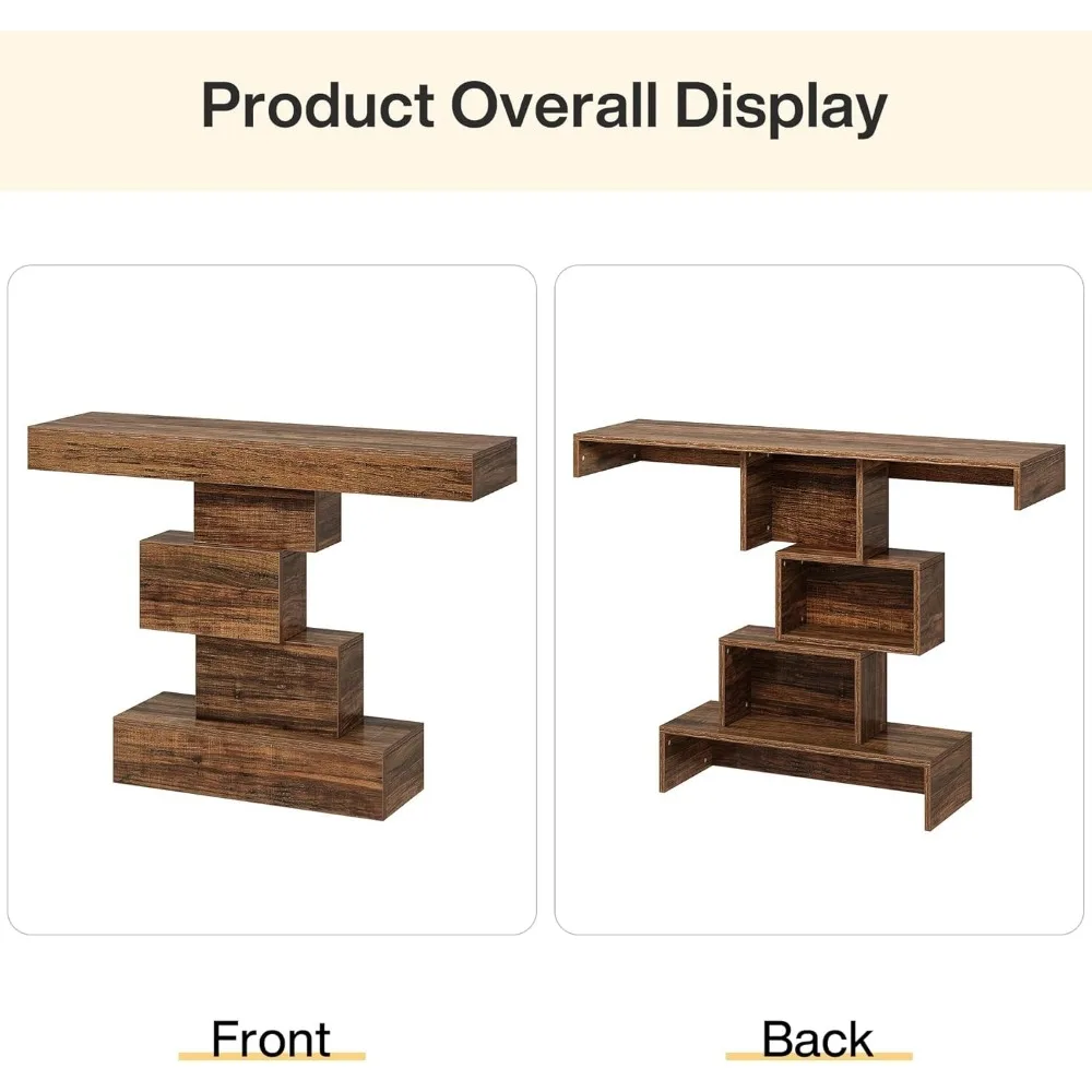 42.5 Farmhouse Console Table, Narrow Wood Sofa Table Behind Couch with Geometric Base, Industrial Entryway Accent Tab