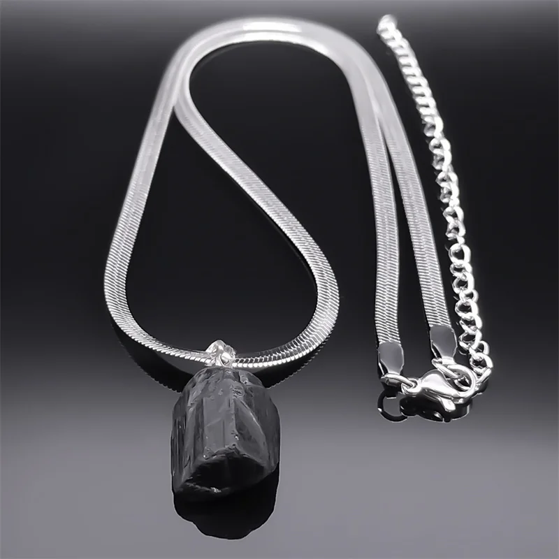 Irregular Natural Black Tourmaline Pendant Necklace for Women Men Stainless Steel Snake Blade Chain Necklaces Jewelry NXXXXS04